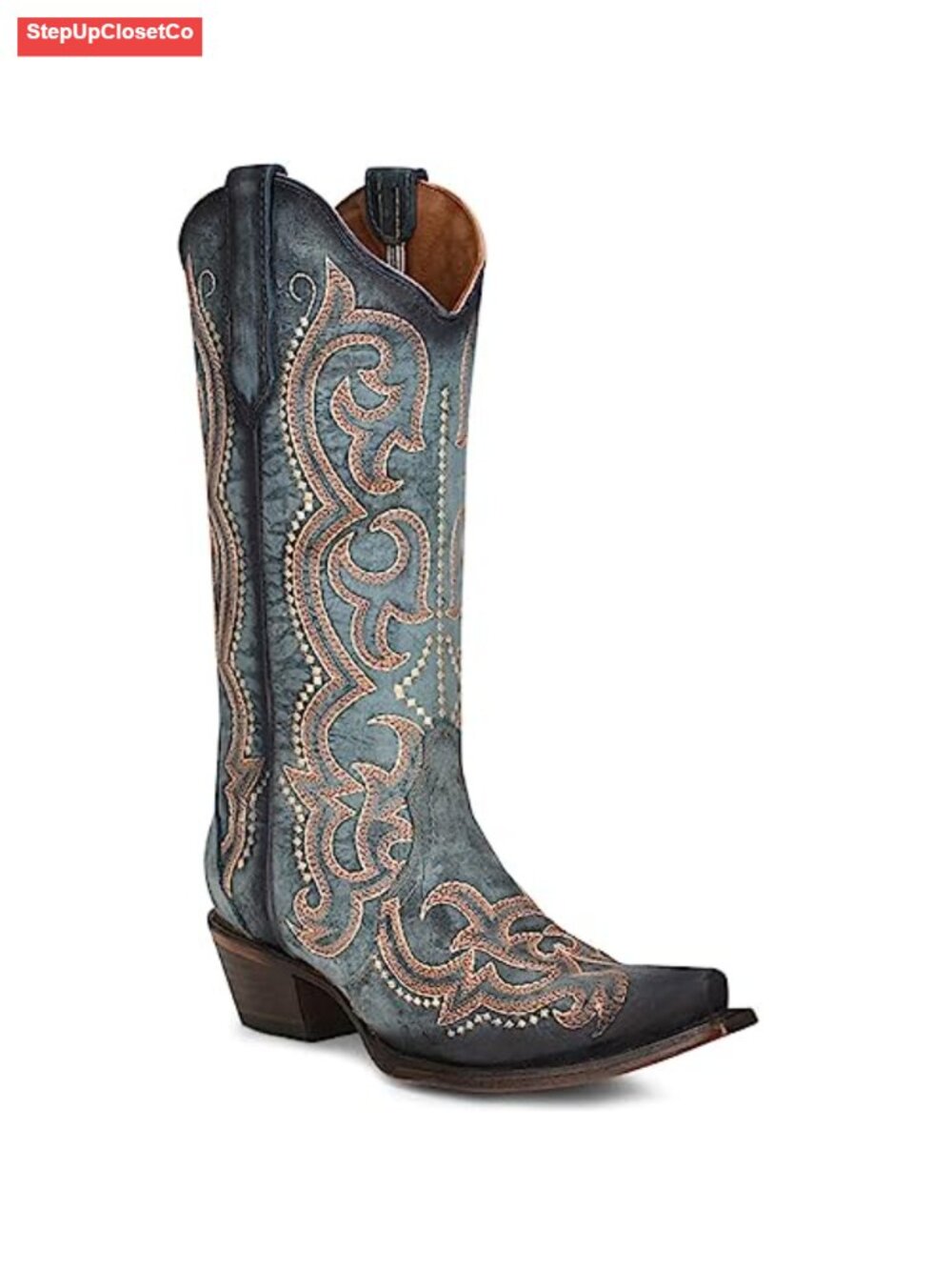 Embroidered Snip Toe Mid Calf Boots